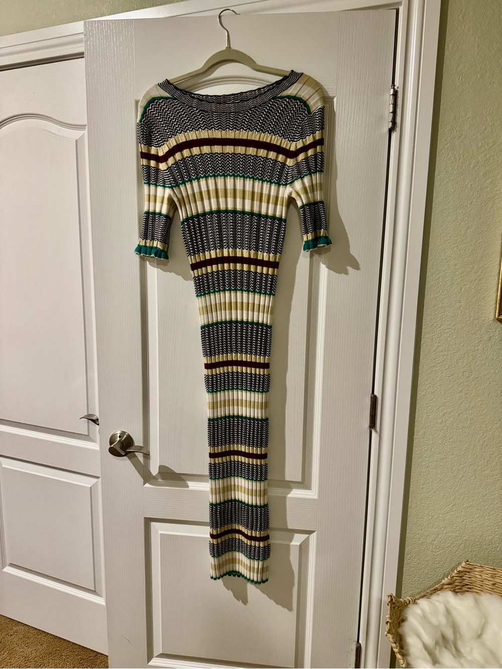 Striped Rib-Knit Long Sleeve Maxi Dress in Cream and Black